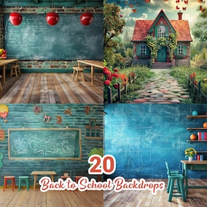 May include: A set of 20 digital backdrops for school photography. The backdrops feature a variety of themes, including a classroom with a chalkboard, a brick wall with a chalkboard, and a whimsical cottage with a stone path. The backdrops are perfect for capturing memories of your child's school years.