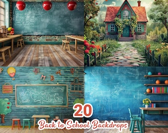 May include: A set of 20 digital backdrops for school photography. The backdrops feature a variety of themes, including a classroom with a chalkboard, a brick wall with a chalkboard, and a whimsical cottage with a stone path. The backdrops are perfect for capturing memories of your child's school years.