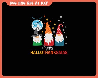 May include: Three gnomes wearing hats representing Halloween, Thanksgiving, and Christmas. The gnomes are standing in front of a full moon with bats flying above. The text "Happy HalloThanksmas" is below the gnomes.