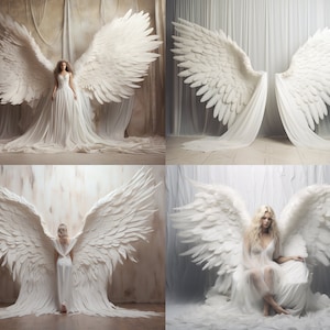 Puede incluir: Dos mujeres con vestidos blancos y grandes alas de &aacute;ngel blancas. Las alas est&aacute;n hechas de plumas y est&aacute;n extendidas detr&aacute;s de las mujeres. Las mujeres est&aacute;n de pie frente a un fondo blanco.