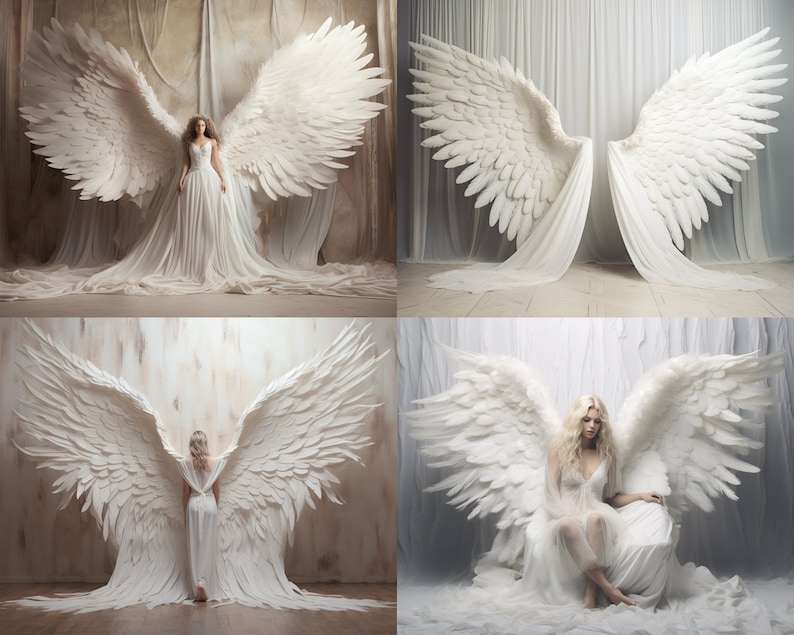 Puede incluir: Dos mujeres con vestidos blancos y grandes alas de &aacute;ngel blancas. Las alas est&aacute;n hechas de plumas y est&aacute;n extendidas detr&aacute;s de las mujeres. Las mujeres est&aacute;n de pie frente a un fondo blanco.