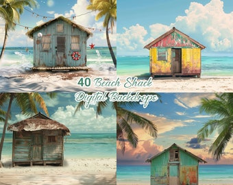 Beach Shack Digital Backdrops, Summer Beach Composite Photos Background, Beach Shack Studio Photography Digital Backdrop, Photoshop Overlays