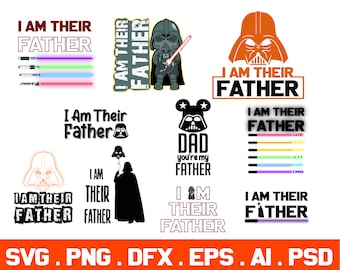 Puede incluir: Un diseño digital con un personaje de Star Wars, Darth Vader, con el texto "Soy su padre" en blanco y negro. El diseño también incluye un sable de luz arcoíris y una ilustración en blanco y negro de un personaje de Star Wars con el texto "Papá, tú eres mi padre".