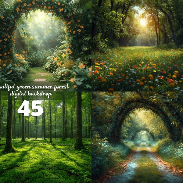 Beautiful green summer forest digital backdrop, Spring background, Grass, Trees with a natural path for creative composite images, Butterfly