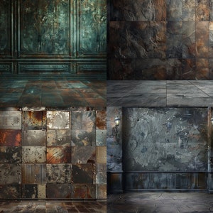May include: Four different textured wall backgrounds with a tiled floor. The backgrounds are a dark green, a dark brown, a rusty metal, and a dark gray.