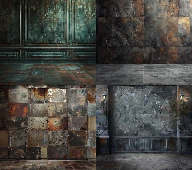 May include: Four different textured wall backgrounds with a tiled floor. The backgrounds are a dark green, a dark brown, a rusty metal, and a dark gray.