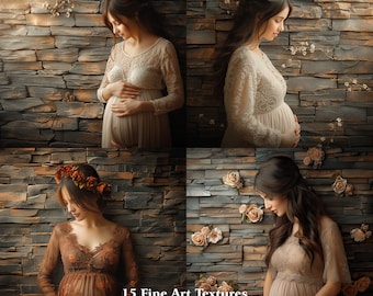 May include: Four digital backdrops featuring a stone wall with floral accents. Each backdrop features a pregnant person in a different pose and outfit. The backdrops are ideal for photographers and digital artists.