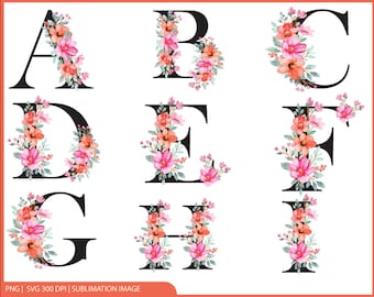 Floral Letter Graphics Png, Letters Png, Floral Monogram Png, Flower Monogram Clipart, Alphabet Bundle, Name Monogram, Svg Digital Download
