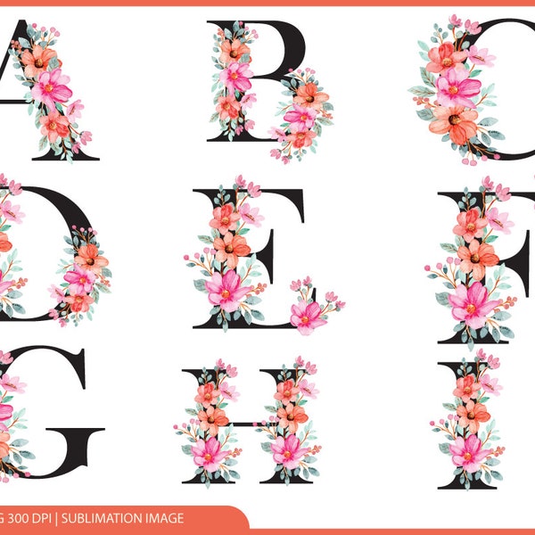 Floral Letter Graphics Png, Letters Png, Floral Monogram Png, Flower Monogram Clipart, Alphabet Bundle, Name Monogram, Svg Digital Download