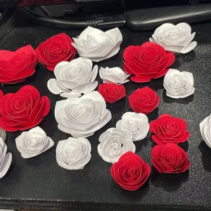 May include: A collection of red and white paper flowers. The flowers are arranged in a random pattern on a black surface.