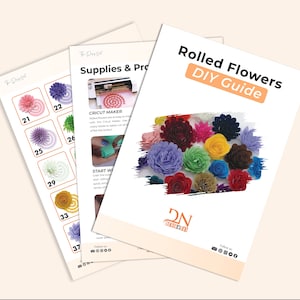 May include: A DIY guide for making rolled paper flowers. The guide includes instructions and a colour chart with 37 different flower designs. The guide is titled "Rolled Flowers DIY Guide" and features a close-up of a variety of colourful rolled paper flowers.