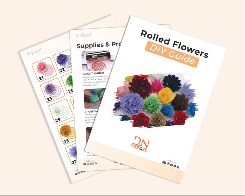 May include: A DIY guide for making rolled paper flowers. The guide includes instructions and a colour chart with 37 different flower designs. The guide is titled "Rolled Flowers DIY Guide" and features a close-up of a variety of colourful rolled paper flowers.