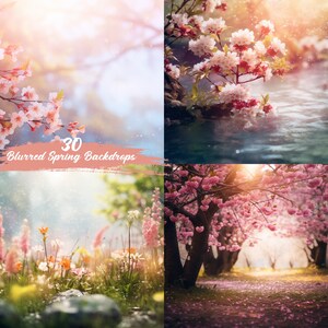 May include: A collection of 30 blurred spring backdrops featuring pink cherry blossoms, a river, and a field of flowers. The backdrops are ideal for adding a touch of spring to your digital designs.