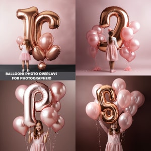 Superposiciones de fotos de globos de papel de oro rosa, superposiciones de fotos de fiesta, imágenes prediseñadas de globos con letras, superposición de globos png, imágenes prediseñadas de globos de cumpleaños, Png