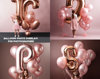 Superposiciones de fotos de globos de papel de oro rosa, superposiciones de fotos de fiesta, imágenes prediseñadas de globos con letras, superposición de globos png, imágenes prediseñadas de globos de cumpleaños, Png