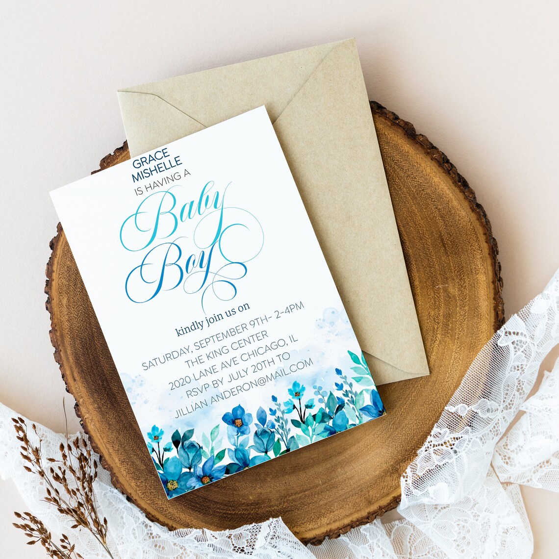 Baby Shower Einladung Blue Flower Einladung Baby Boy Etsy