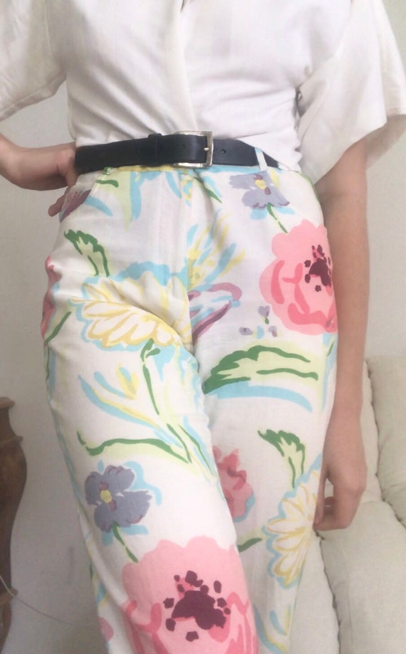 Vintage pastel cotton floral print 80s pants