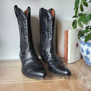 90s Cowboy Boots Western Boots Black Leather Cowboy Boots Boho Chic Boots Pointy Boots Hippie Boots Vintage Cowboy Boots, Size 9.5 women