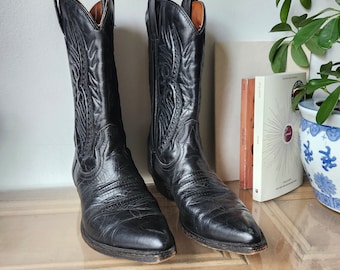 90s Cowboy Boots Western Boots Black Leather Cowboy Boots Boho Chic Boots Pointy Boots Hippie Boots Vintage Cowboy Boots, Size 9.5 women