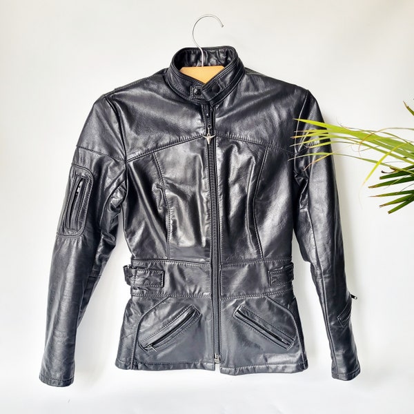 Drospo Leather jacket | motorcycle jacket | vintage black leather coat | size extra small  1960s rockabilly jacket