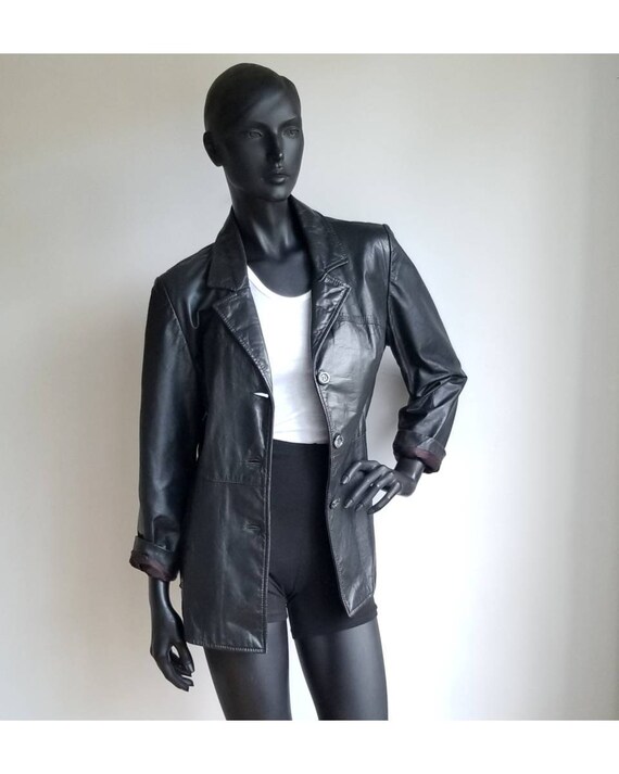 70s Leather Jacket, Black Leather Jacket, Button u