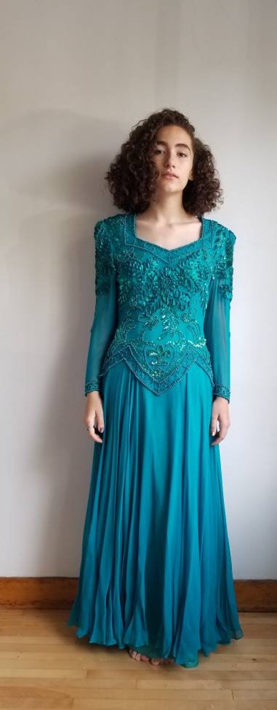 80s Evening Dress, Vintage Turquoise Sequin Rhine… - image 4