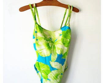 Chunky floral Swimsuit 90s Swimsuit lime green blue bathing suit one piece Swimsuit floral vintage bathing suit, Size medium