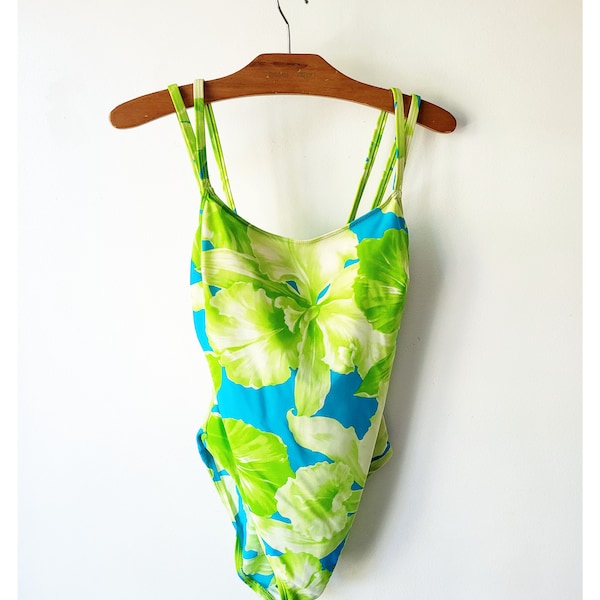 Chunky floral Swimsuit 90s Swimsuit lime green blue bathing suit one piece Swimsuit floral vintage bathing suit, Size medium