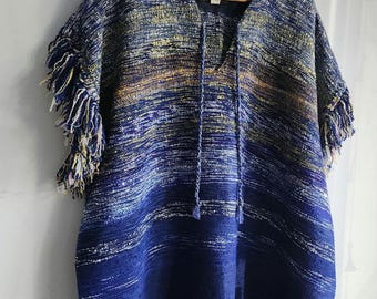 1970s Woolmix Poncho | Hippie Wool Poncho | Hand Loomed Wool Poncho |  Vintage Boho Layer Poncho | Ocean Colors Poncho | Made in Canada | BONE