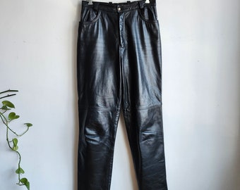 Black Leather Pants | High Waist Leather Pants | Motorcycle Leather Pants | 90s Leather Pants | Women Leather Pants, size 13