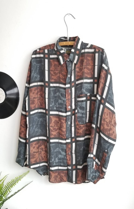 80s Silk Shirt, Spring Shirt, Graphic Silk Shirt,