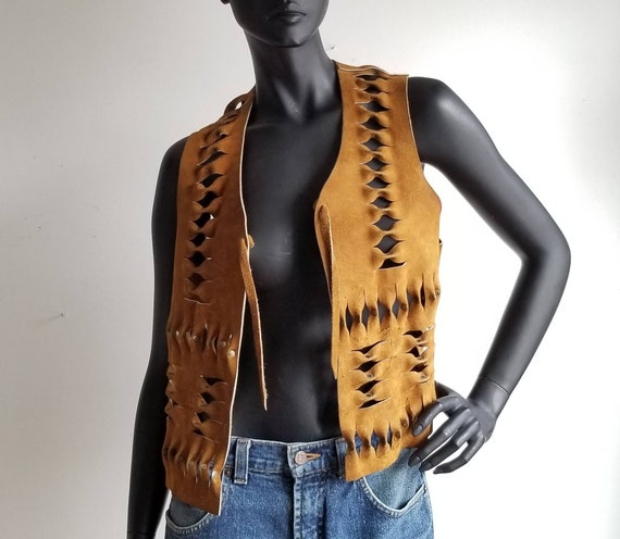 70s Hippie Leather Vest, Studded Boho Hippie Vest,