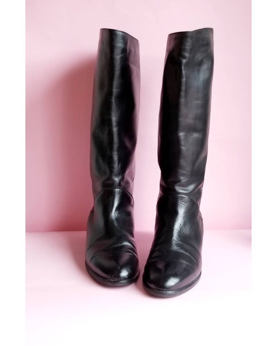 80s Black Leather Boots, Pointy Boots, Vintage Lea
