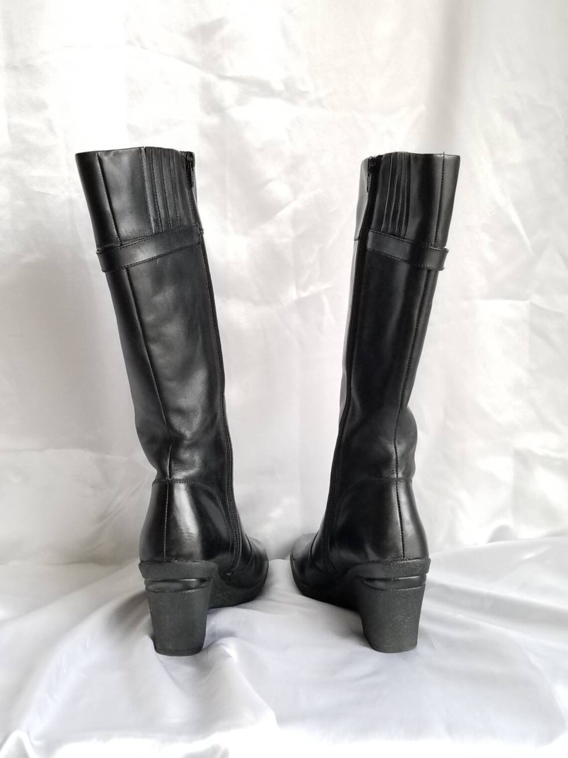 Y2k Wedge Boots Black Leather Zip up Knee Length Boots Fall | Etsy Canada