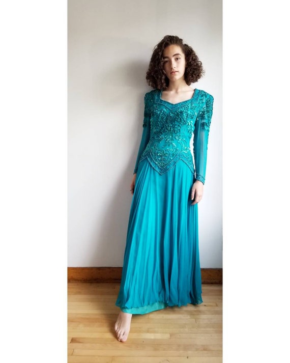 80s Evening Dress, Vintage Turquoise Sequin Rhine… - image 1