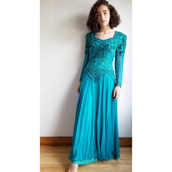 80s Evening Dress, Vintage Turquoise Sequin Rhinestone Beaded Dress, Evening Gown Shoulder Pads, Princess Dress, Size Small medium