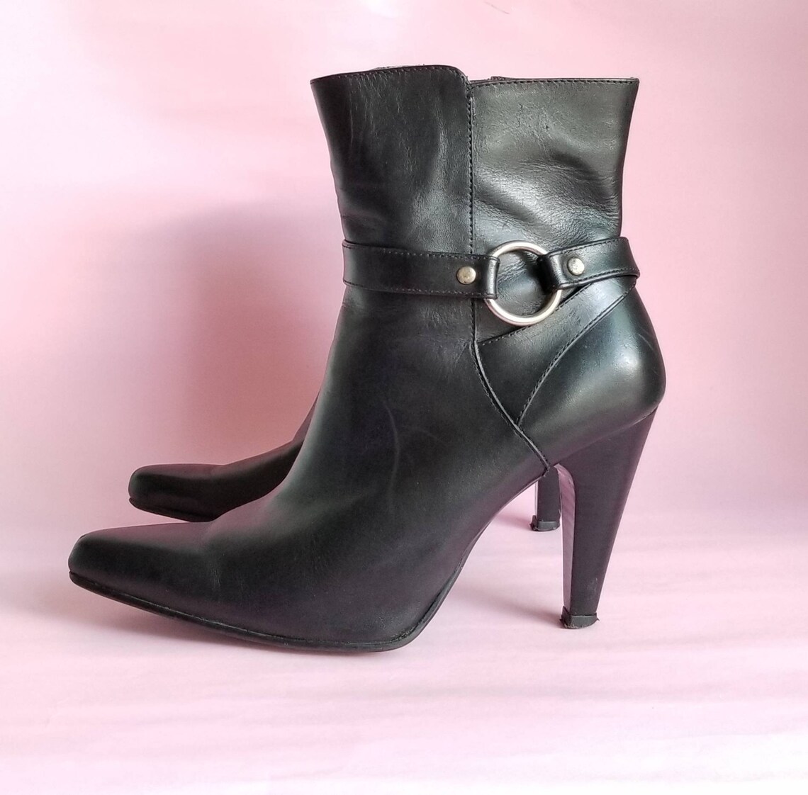 Y2k Black Leather Boots Vintage High Heels Booties Zip up Etsy