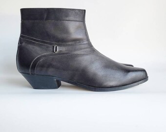 80er Jahre Herrenstiefel Lederstiefel Anthrazitschwarze Lederstiefel Beatles-Stiefel Rockerstiefel Vintage-Lederstiefel mit Reißverschluss, Größe 12