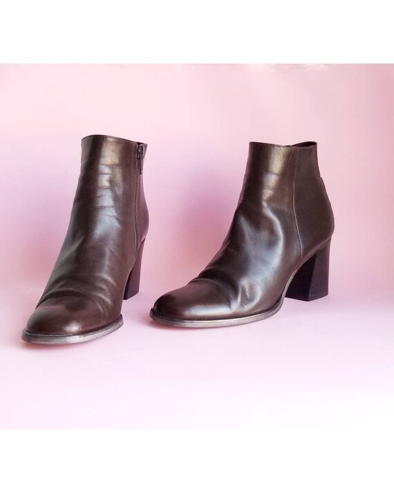 90s Brown Leather Zip Up Boots Ankle Booties Chunk