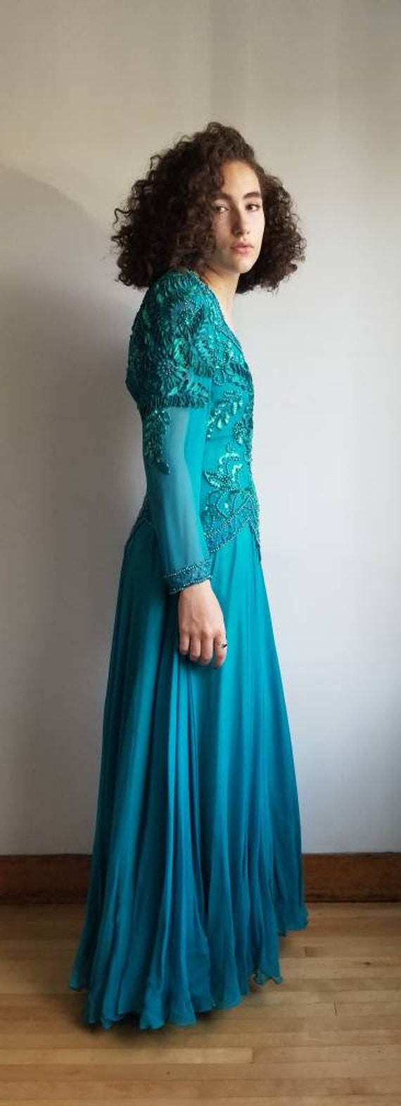 80s Evening Dress, Vintage Turquoise Sequin Rhine… - image 5