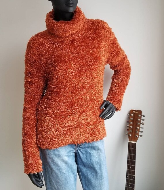 Fuzzy Vintage Sweater, Dark Orange Pullover, Chunk