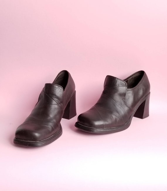 Chunky Leather Shoes, 90s Square Toes Shoes, Dark