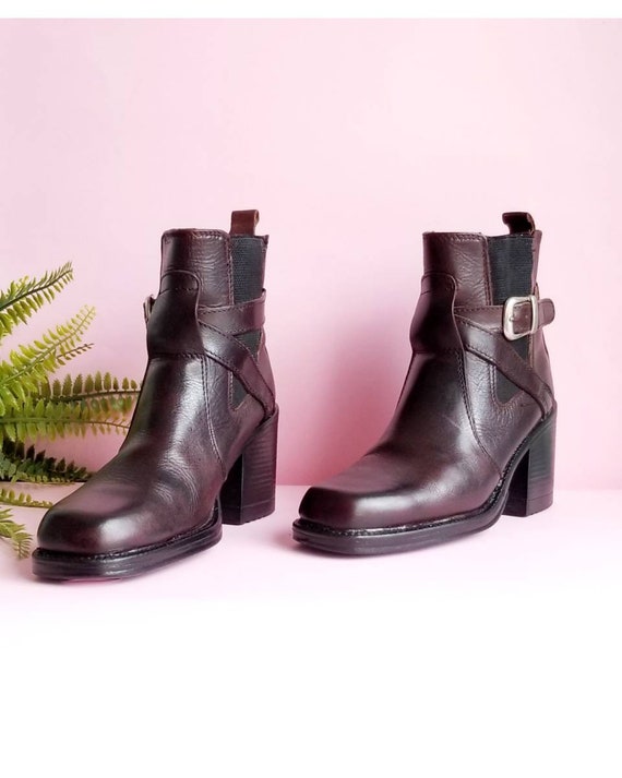 90s Chunky Heels Boots, Vintage Boho Leather Boots