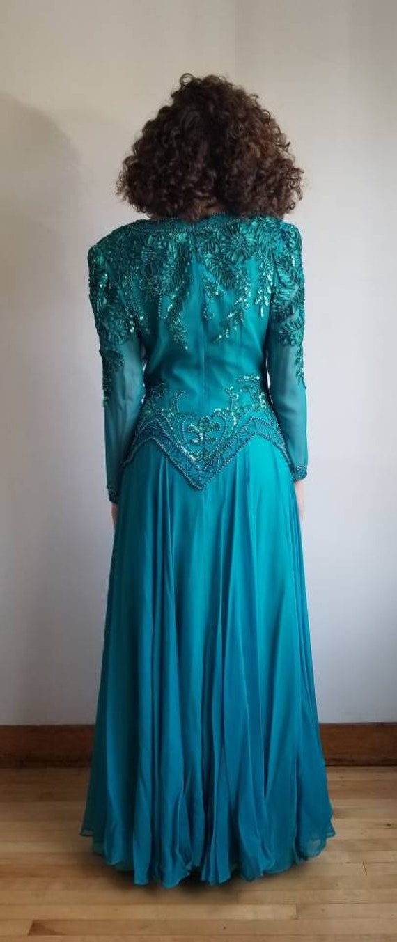 80s Evening Dress, Vintage Turquoise Sequin Rhine… - image 7