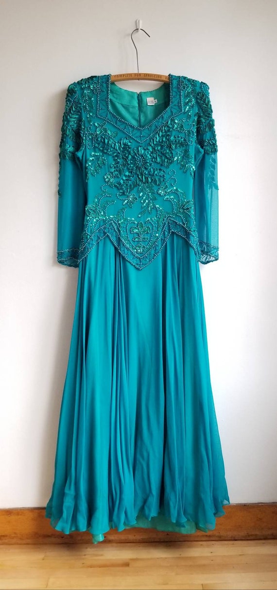 80s Evening Dress, Vintage Turquoise Sequin Rhine… - image 3