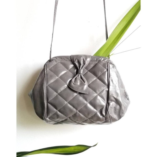 1980s Grey Leather Purse Tiny Purse Vintage Handbag Quilted Leather Shoulder Bag 80s  Bow Bag Retro Purse