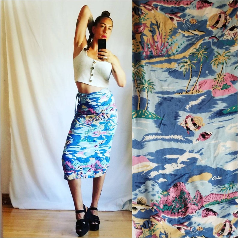 Pareo Tropical graphic Skirt One size fit all Tropical Sarong Summer festival dress beach Vintage skirt fish