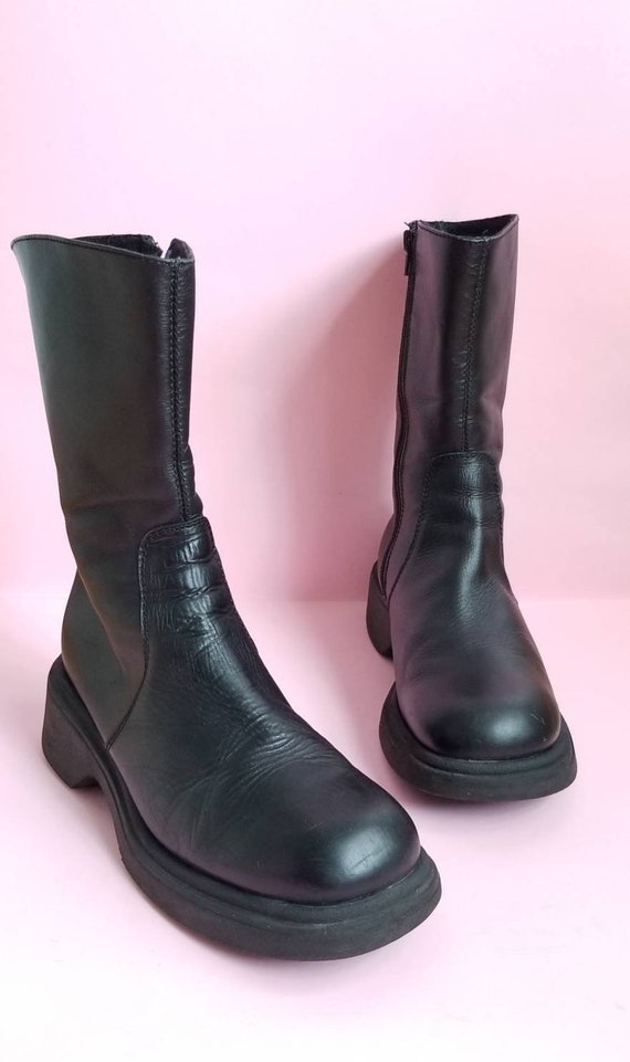 Y2k Men Gothic Black Boots, 00s Chunky Leather Boo
