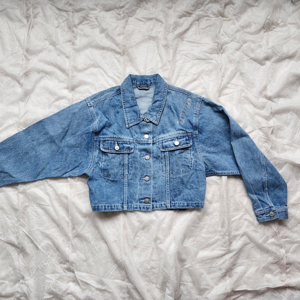 80s Jeans Jacket Crop Jeans Jacket  Vintage Jeans Jacket Women Jeans Jacket Rocker Jeans Jacket Boxy Denim Jacket, Size Small