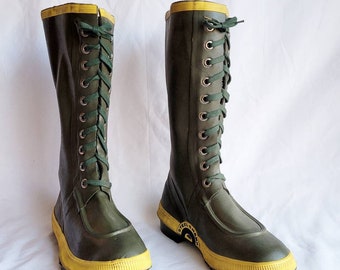 1970s Rubber Boots Lace Up Rubber Boots Work Boots Green Rubber Boots Miner's Rubber Boots, 9.5 women